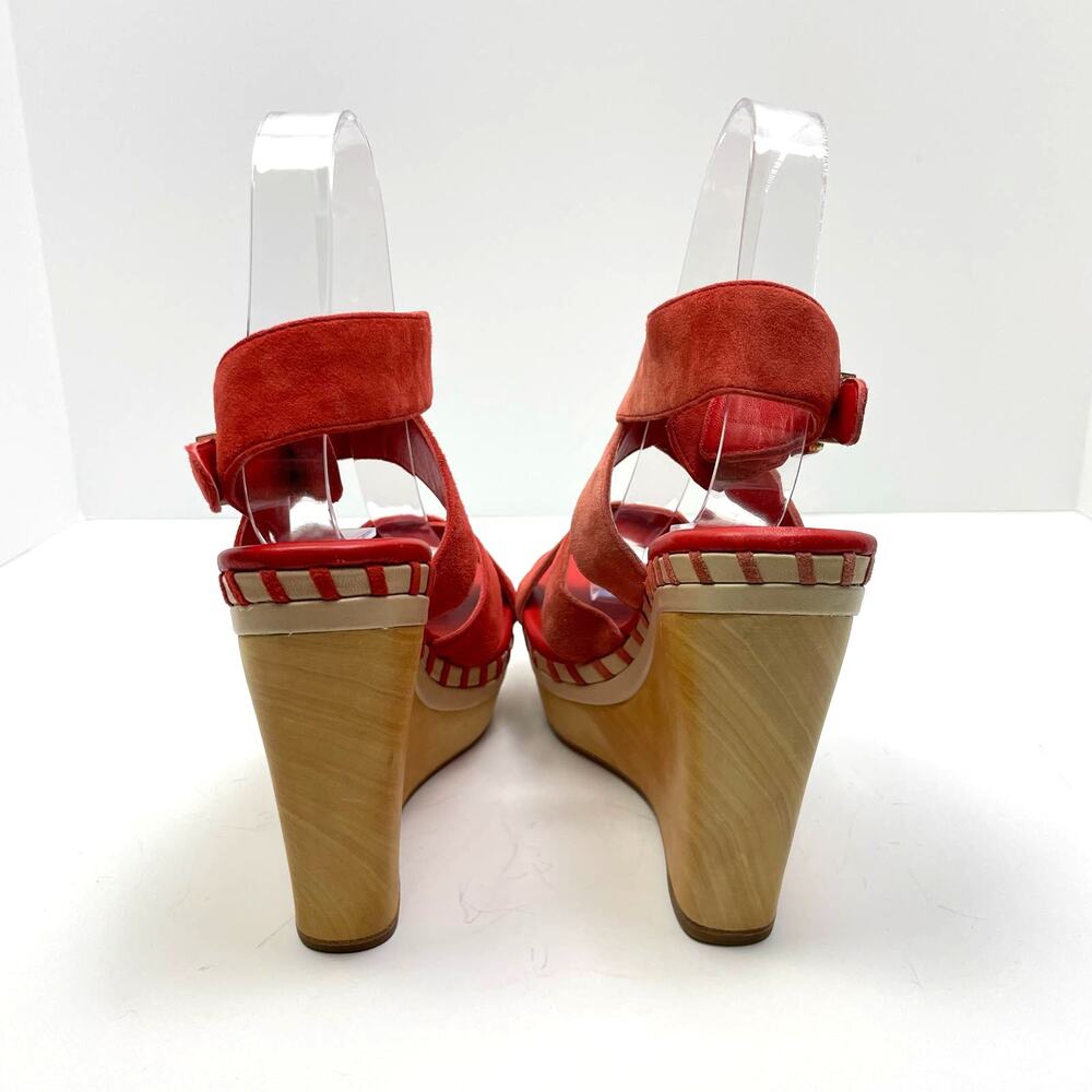 VC Signature | Lene Vince Camuto Red Leather Ankle Strap Block Wedge Sandals - Picture 5 of 12